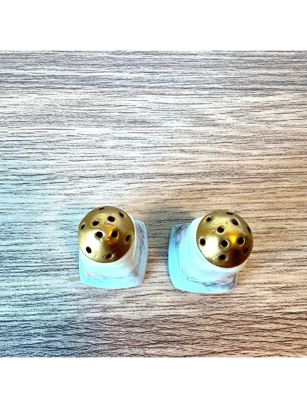 Vintage Floral Porcelain Salt & Pepper Shakers Gold Tone Tops, Hand Painted